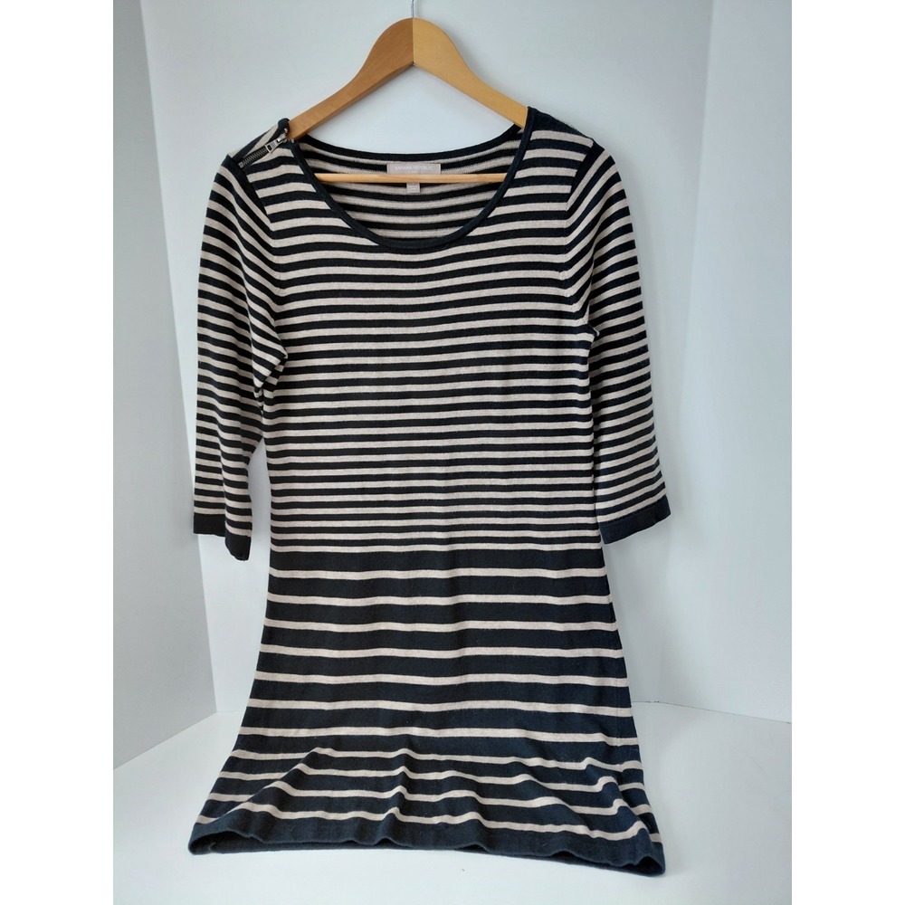 Banana Republic Women's Dress Sweater S Black Tan Striped Zipper Scoop Neck